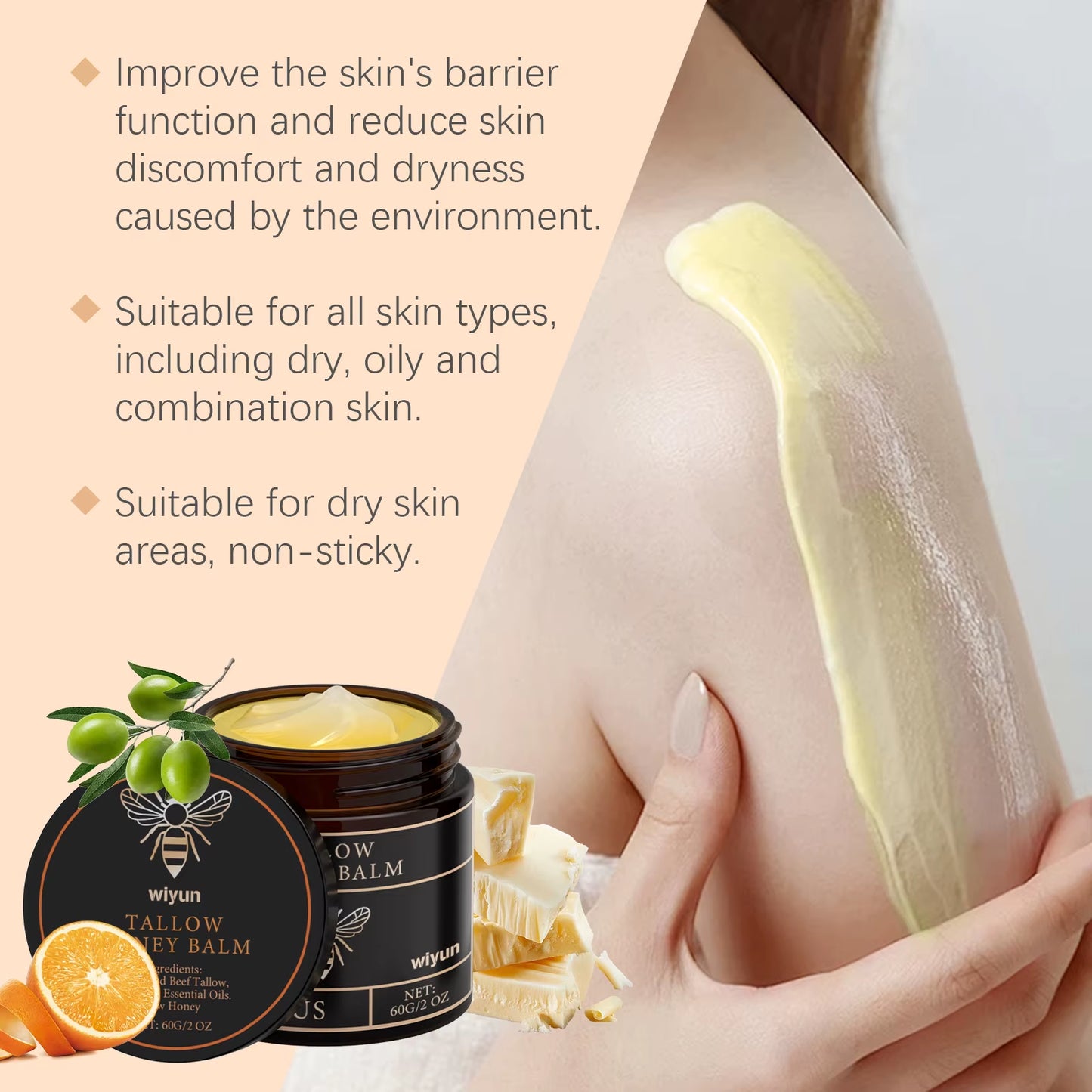 Deep Moisturizing Tallow Honey Balm Long Lasting Hydration Non Greasy All Skin Types Daily Face Body Moisturizing Cream 60G