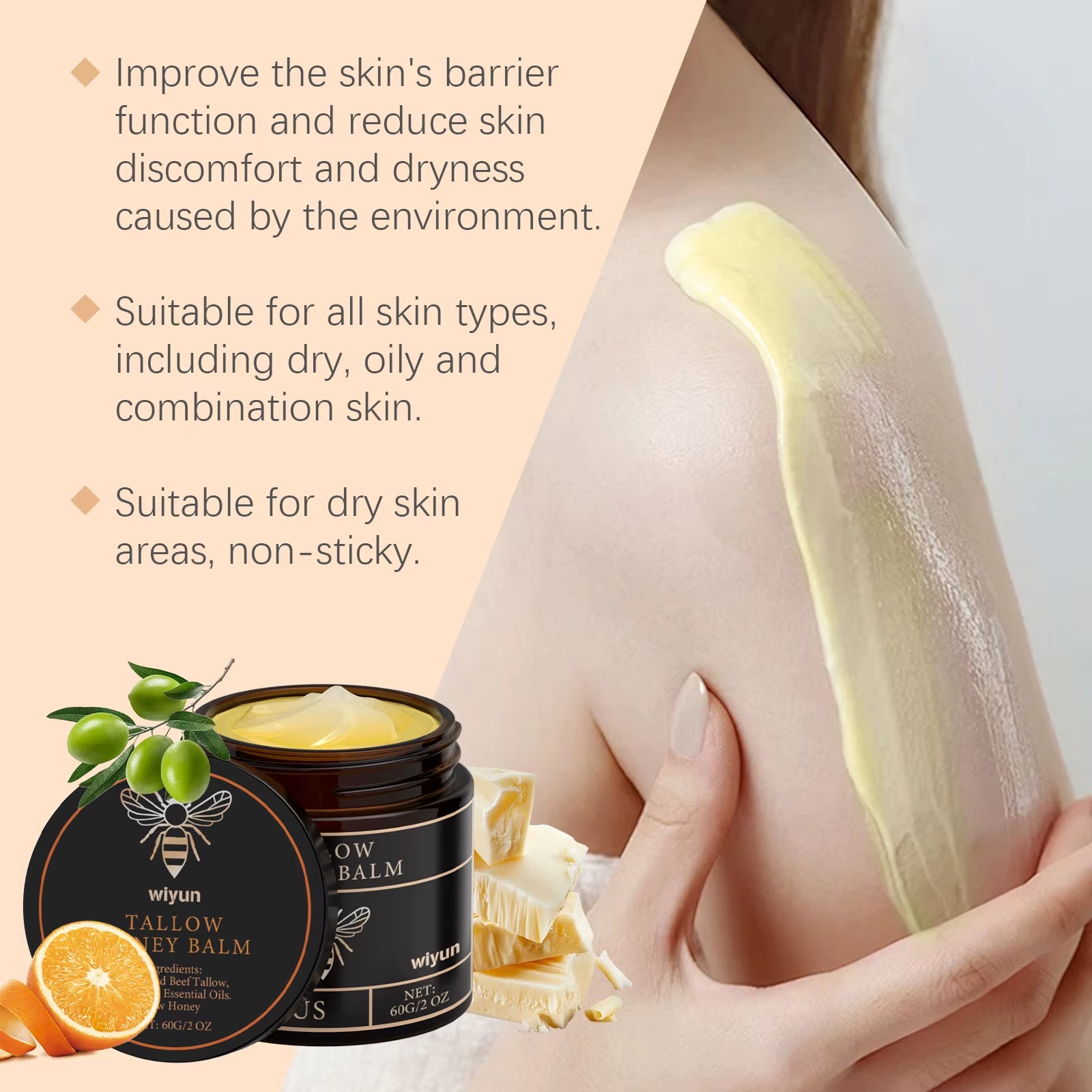 Deep Moisturizing Tallow Honey Balm Long Lasting Hydration Non Greasy All Skin Types Daily Face Body Moisturizing Cream 60G