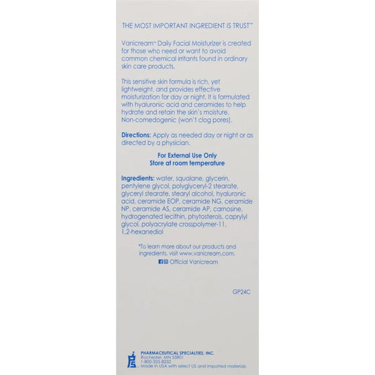 Vanicream Daily Facial Moisturizer with Hyaluronic Acid and Ceramides for Sensitive Skin, 3 Fl Oz