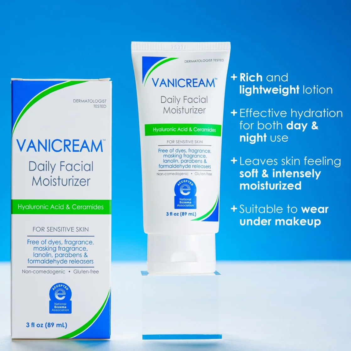 Vanicream Daily Facial Moisturizer with Hyaluronic Acid and Ceramides for Sensitive Skin, 3 Fl Oz