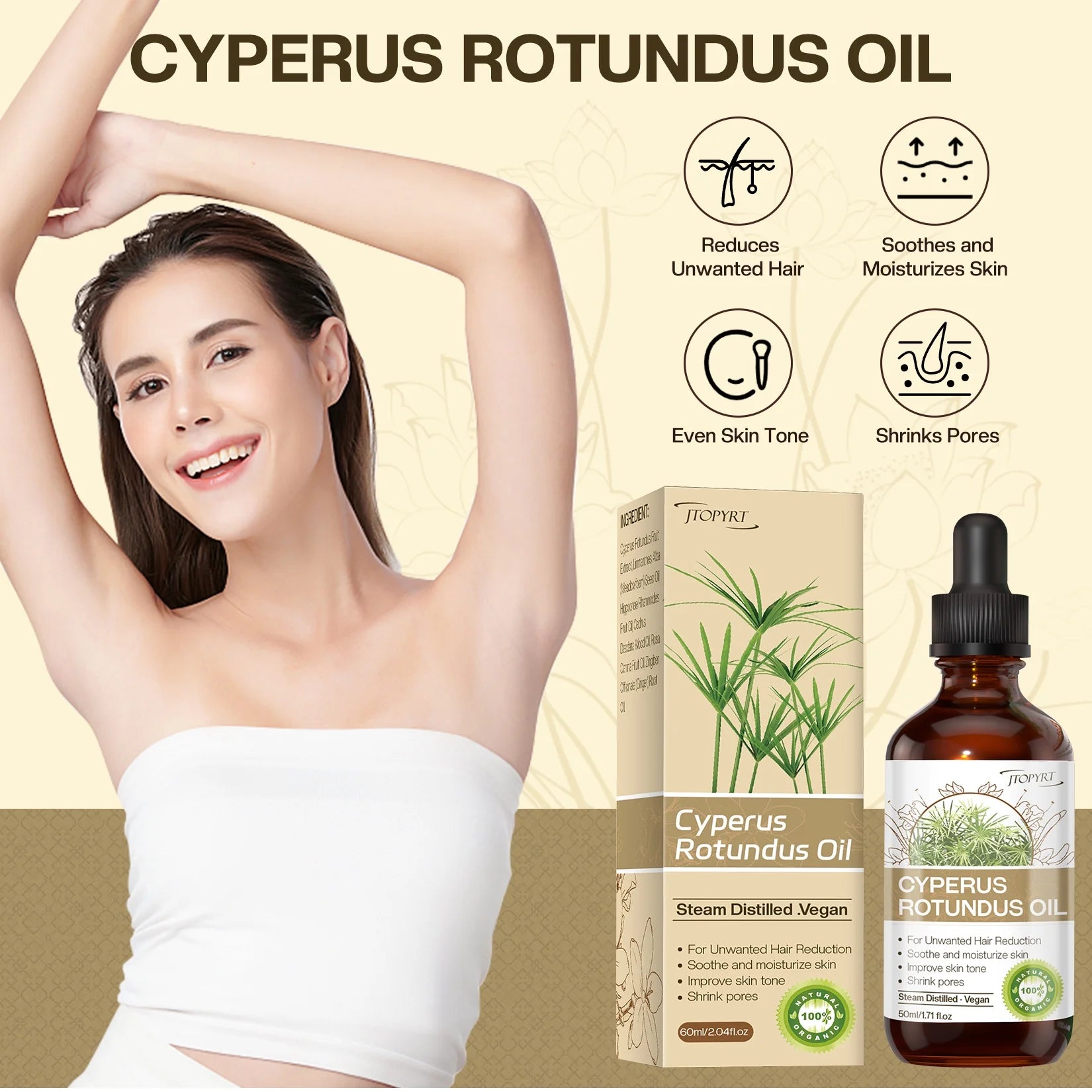 Cyperus Rotundus Oil for Hair Removal,Smooth Skin, Moisturizing & Soothing for Women and Men,1.71 Fl.Oz