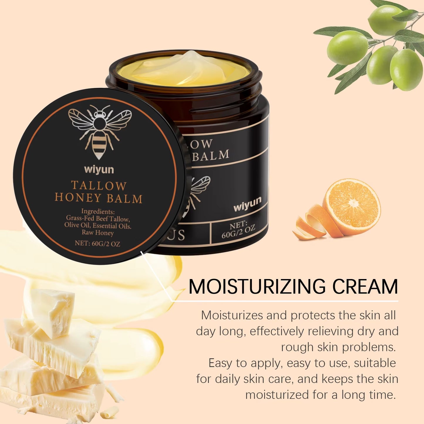 Deep Moisturizing Tallow Honey Balm Long Lasting Hydration Non Greasy All Skin Types Daily Face Body Moisturizing Cream 60G